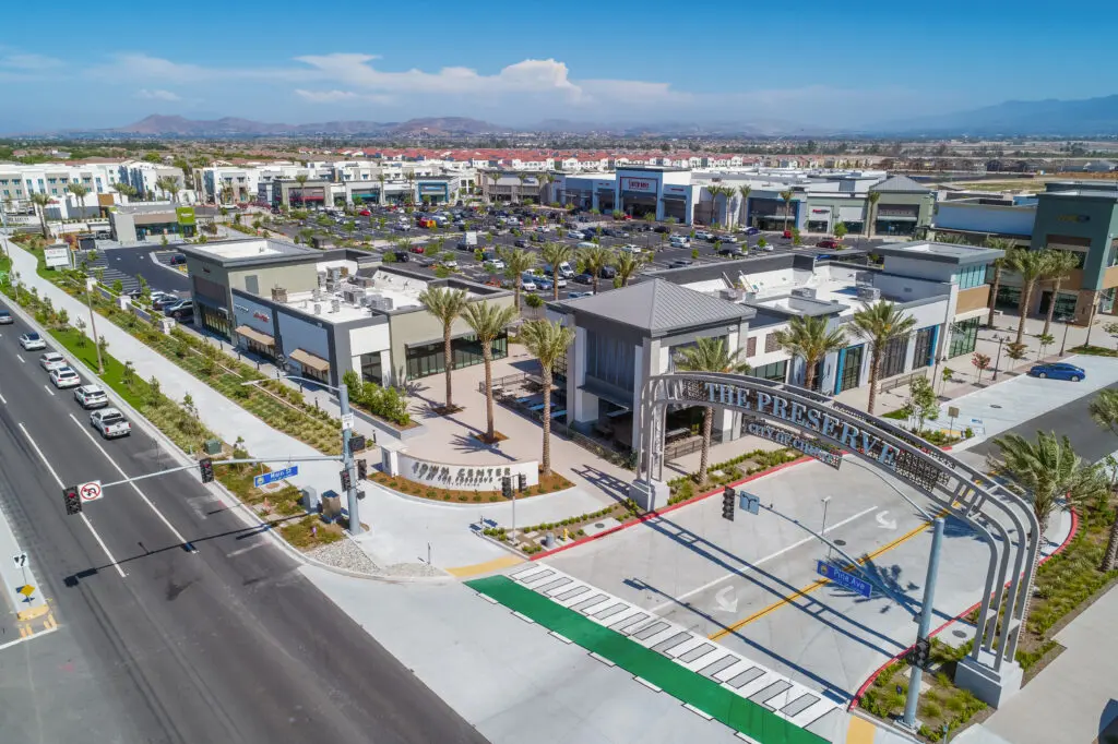 Aerial view of Town Center at the Preserve retail center in a landscaped setting