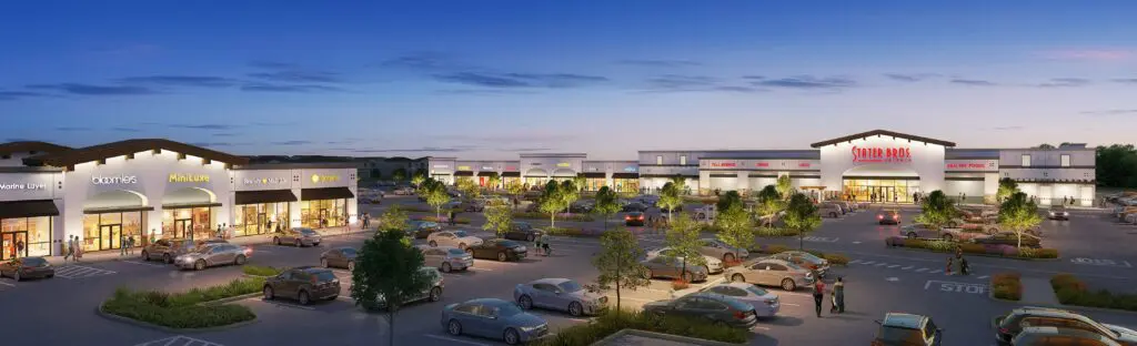 Planned rendering of Arboretum Marketplace, a grocery-anchored retail center in Fontana, California, showing future storefronts, pedestrian areas, and parking layout