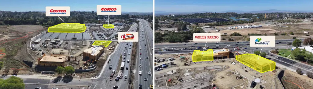 Aerial views of Fairview Plaza in Vallejo showing Costco, Wells Fargo, NorthBay Healthcare and Raising Cane's.